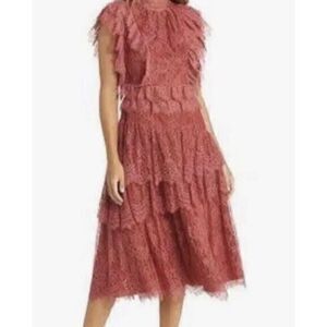 Rachel Parcell  Tiered Eyelash-lace Overlay Midi Dress in Rust Sz 8 Fairy‎ NWT